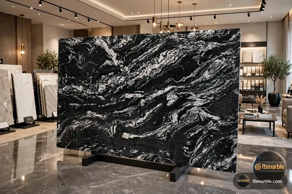 Forest Black Granite slab from FB Marble Lahore, suited to cnc fabrication