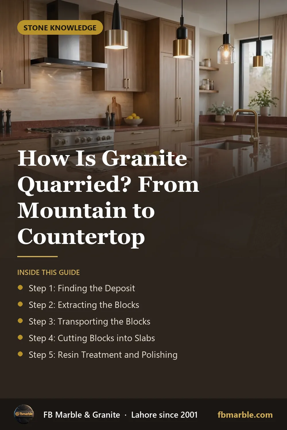 Pinterest graphic: How Is Granite Quarried? From Mountain to Countertop – FB Marble guide