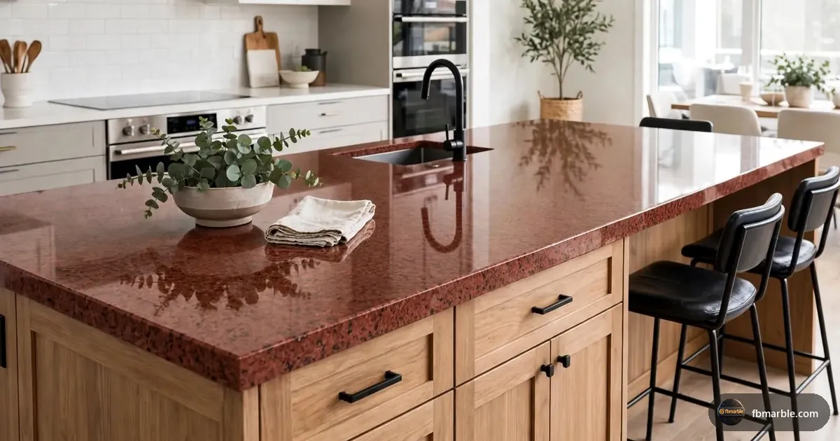 Red Rubi Granite slab from FB Marble Lahore, suited to wood-look granite counter