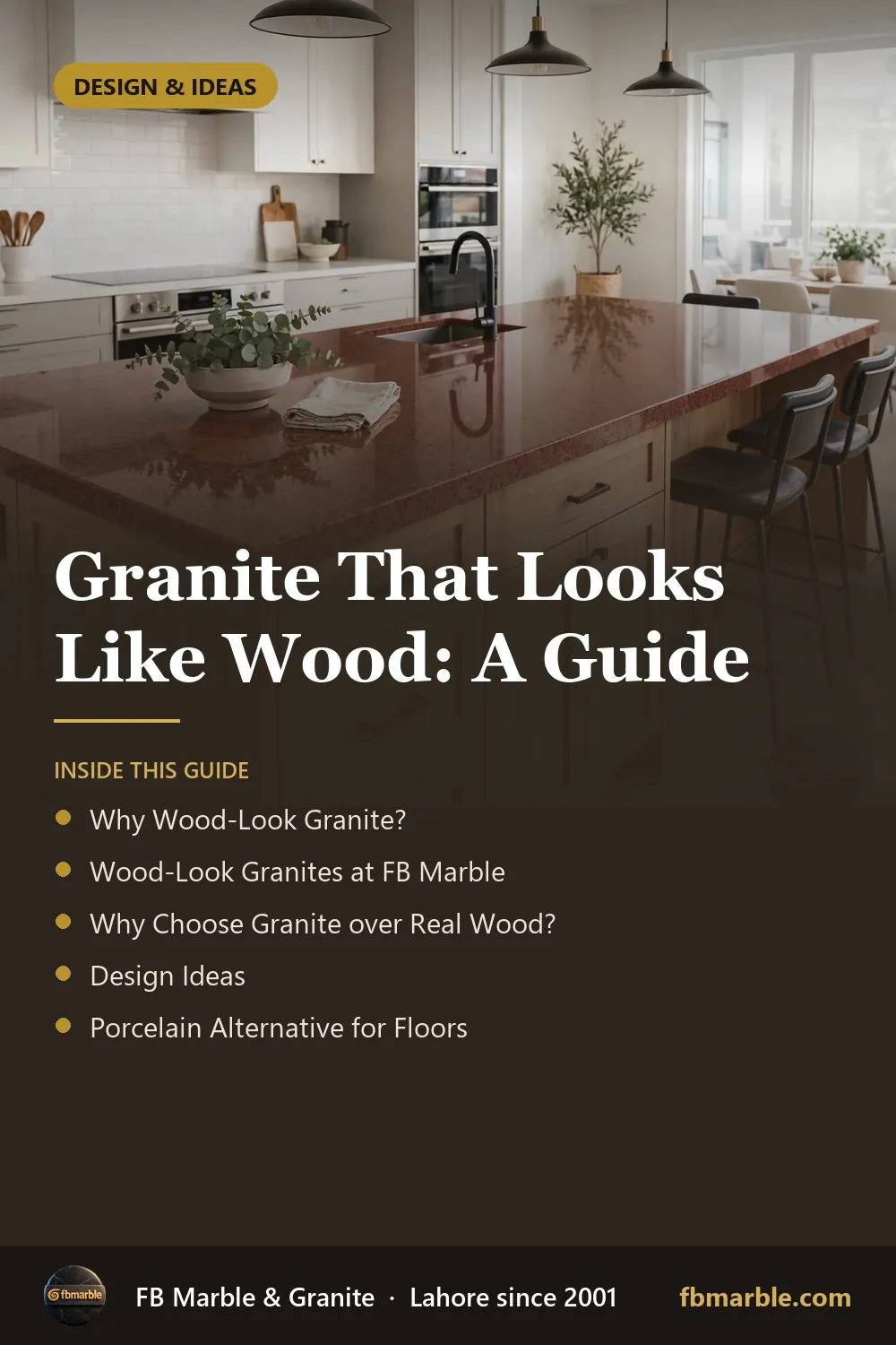 Pinterest graphic: Granite That Looks Like Wood: A Guide – FB Marble guide