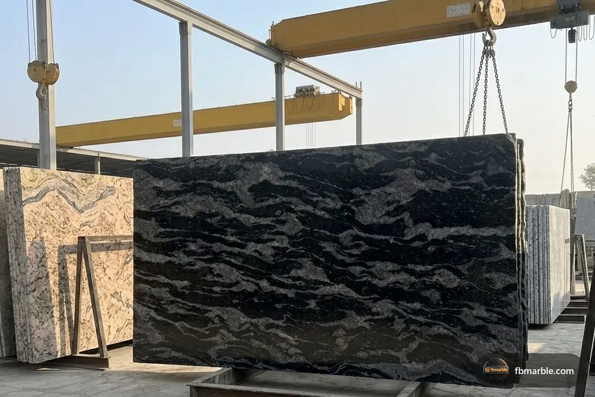 Forest Black Granite Ii slab from FB Marble Lahore, suited to granite kitchen