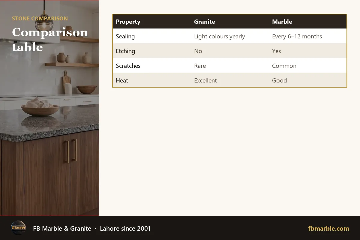 Comparison table – difference between granite and marble infographic by FB Marble