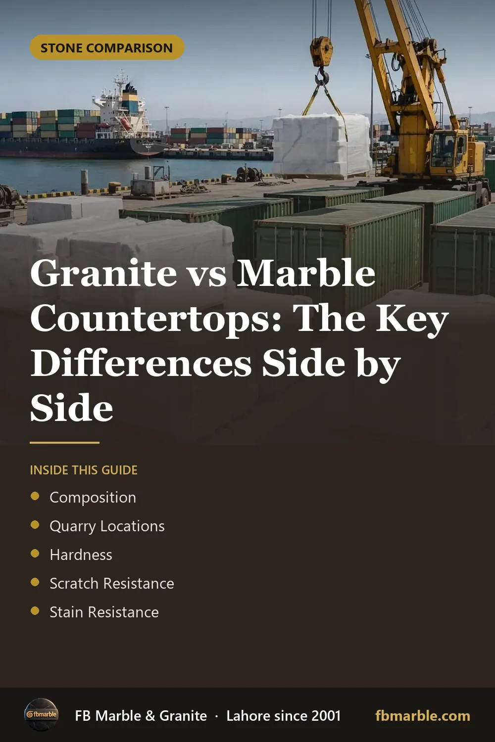Pinterest graphic: Granite vs Marble Countertops: The Key Differences Side by Side – FB Marble guide