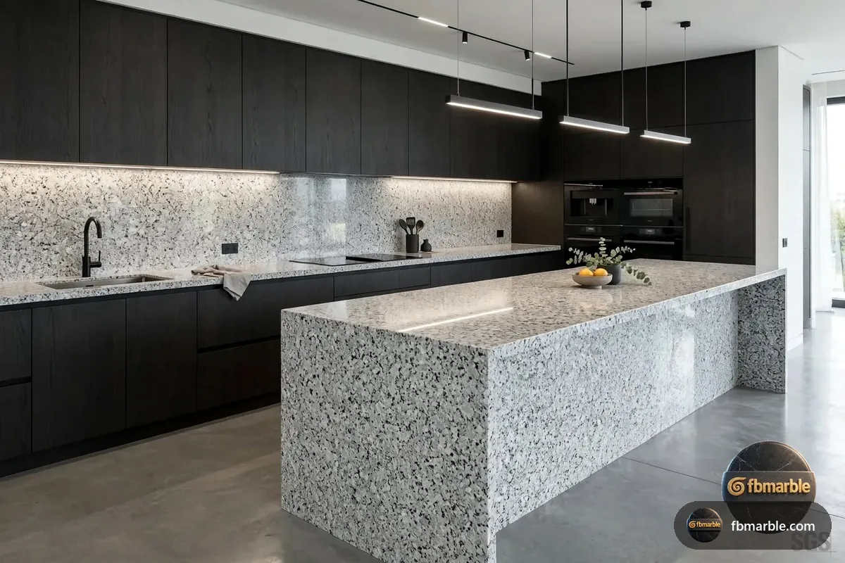 Grey Suprema Granite slab from FB Marble Lahore, suited to dark matte granite kitchen