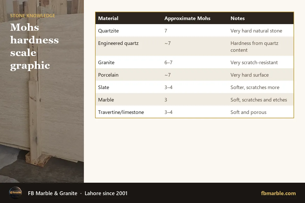 Mohs hardness scale graphic – hardest countertop stones infographic by FB Marble