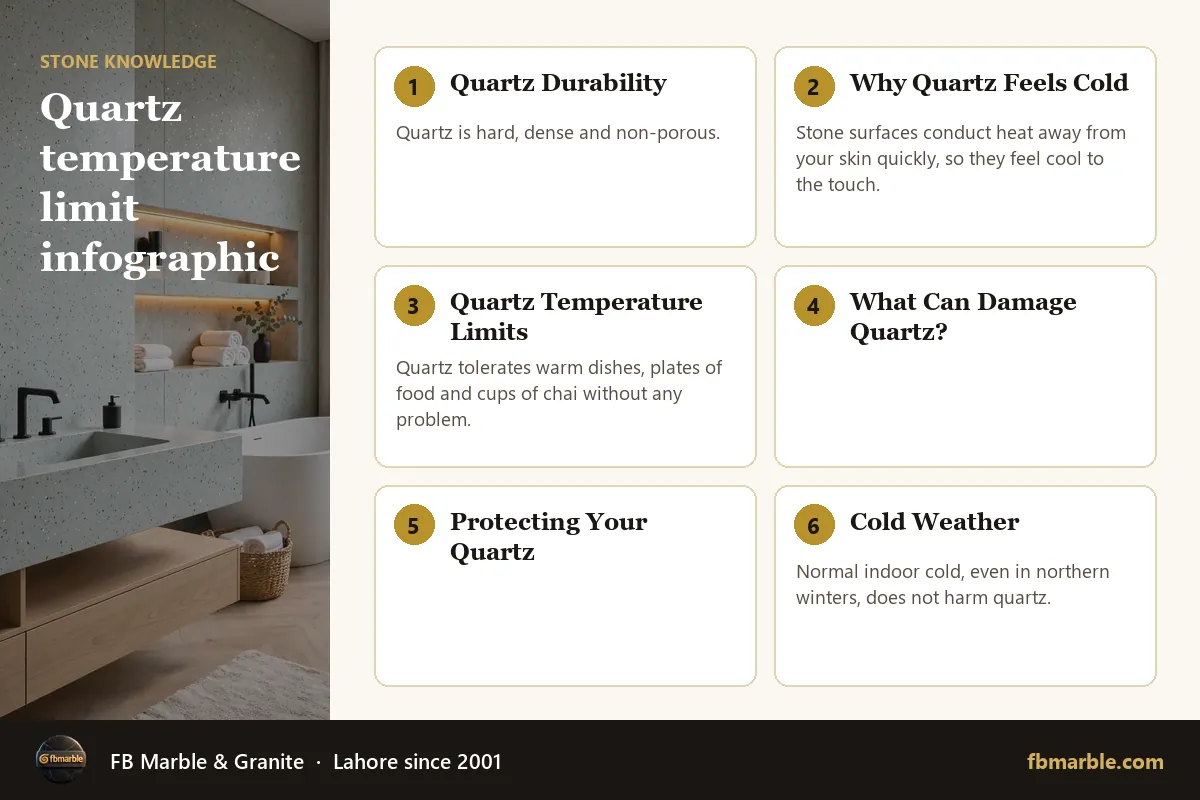 Quartz temperature limit infographic – quartz heat resistance infographic by FB Marble