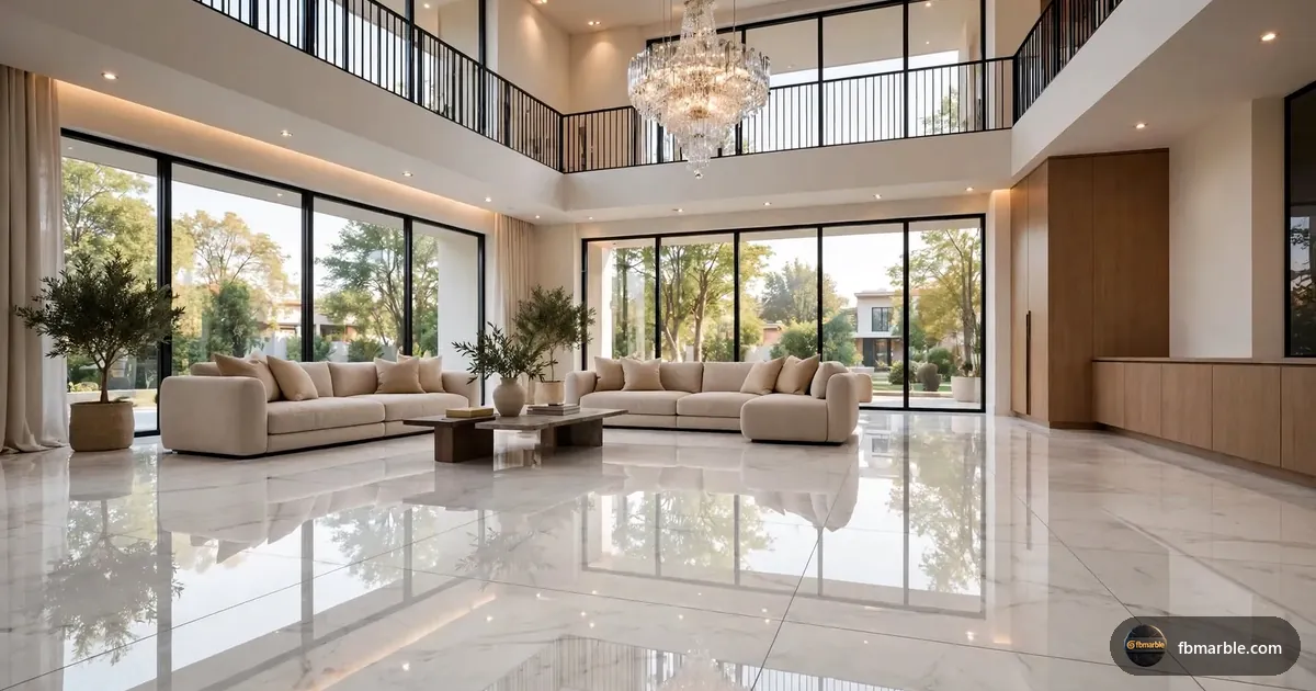 Double-height lounge with a Ziarat White marble floor