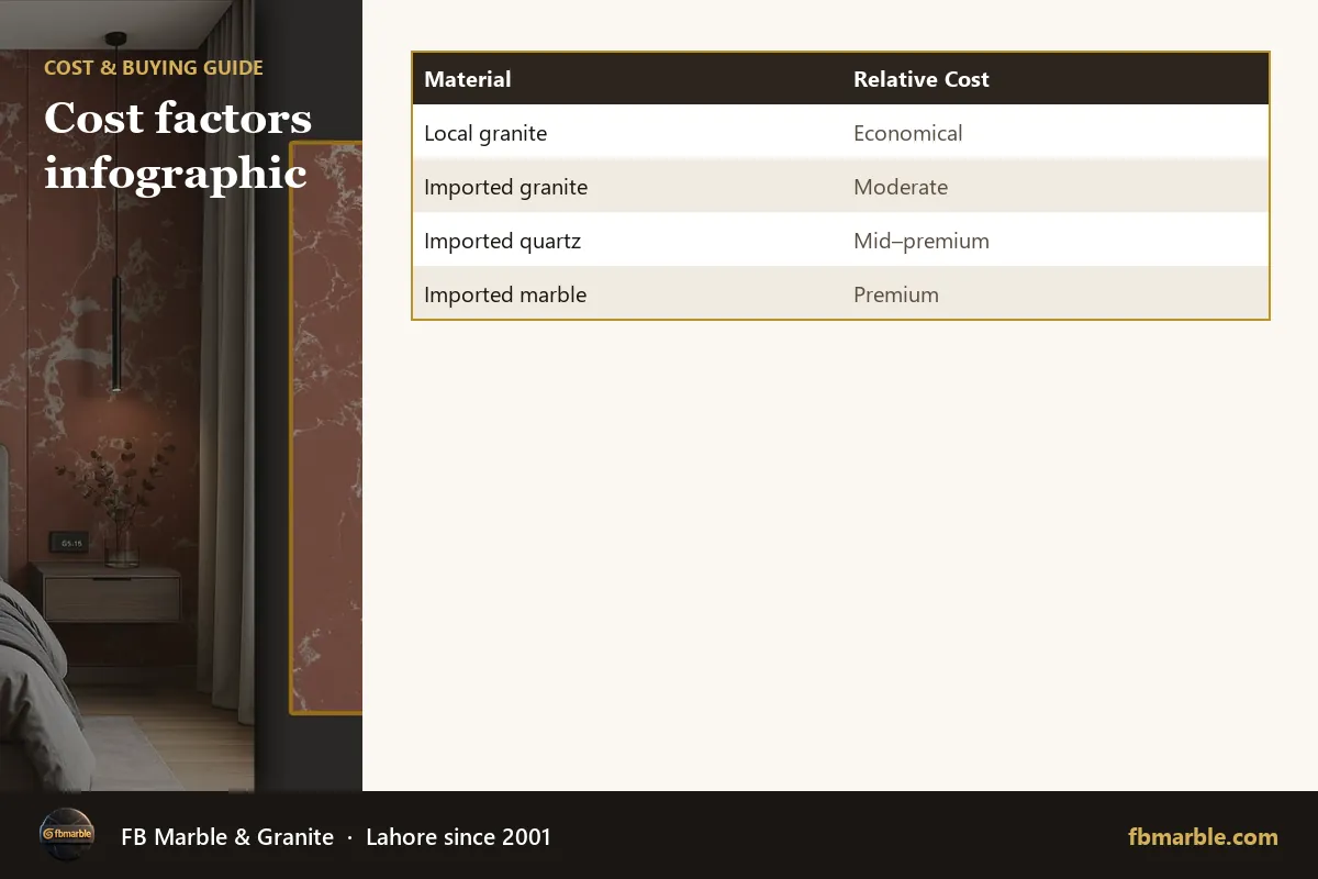 Cost factors infographic – imported quartz cost Pakistan infographic by FB Marble