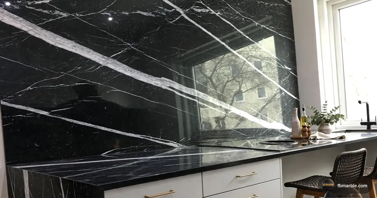 Marquina Black Granite slab from FB Marble Lahore, suited to rental apartment kitchen with granite