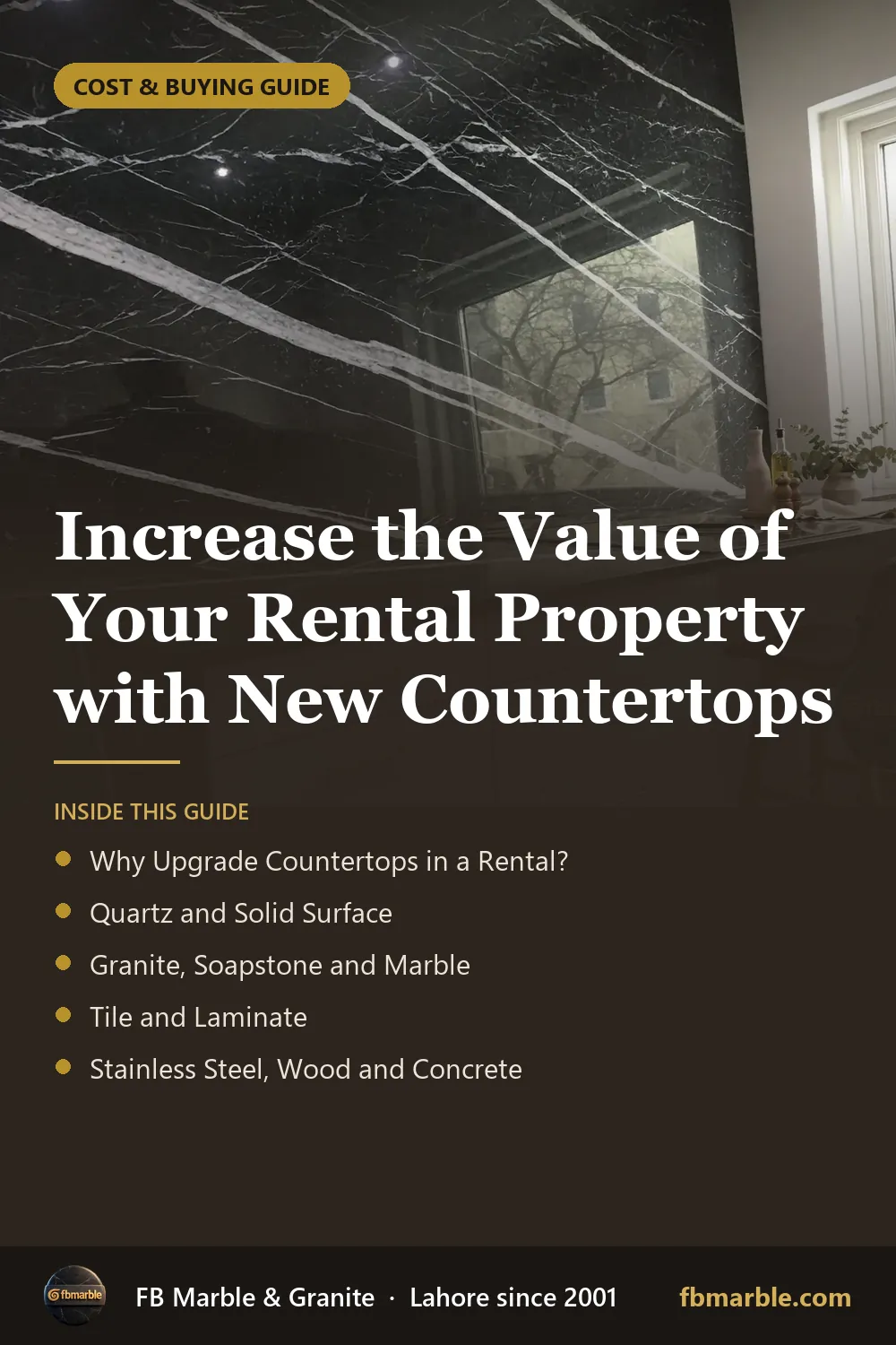 Pinterest graphic: Increase the Value of Your Rental Property with New Countertops – FB Marble guide