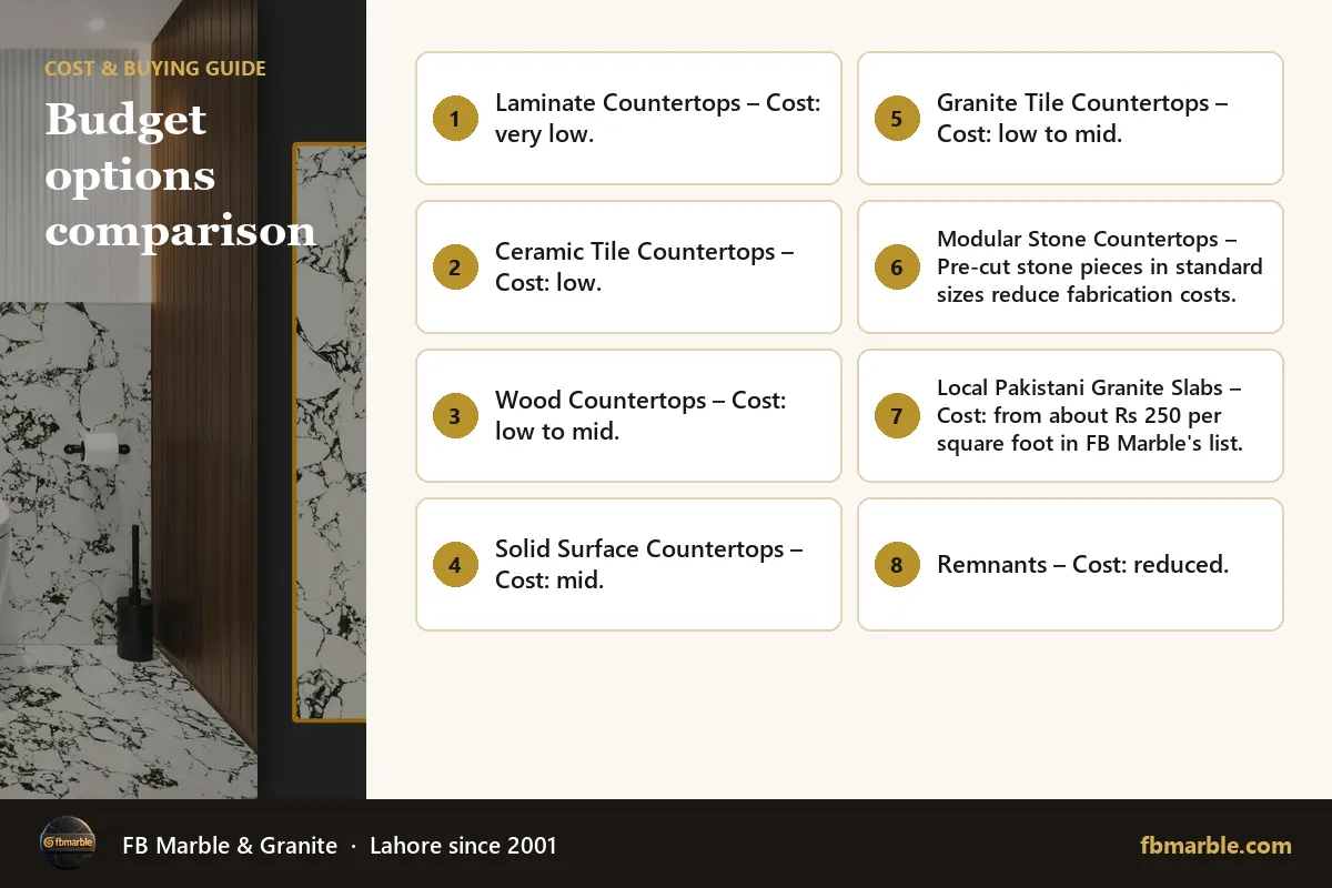 Budget options comparison – inexpensive countertops infographic by FB Marble