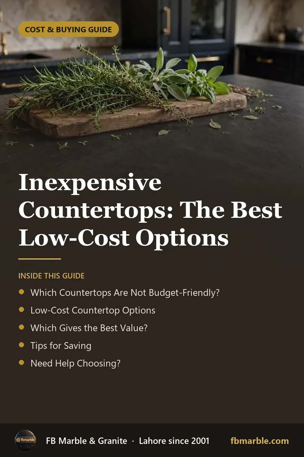 Pinterest graphic: Inexpensive Countertops: The Best Low-Cost Options – FB Marble guide