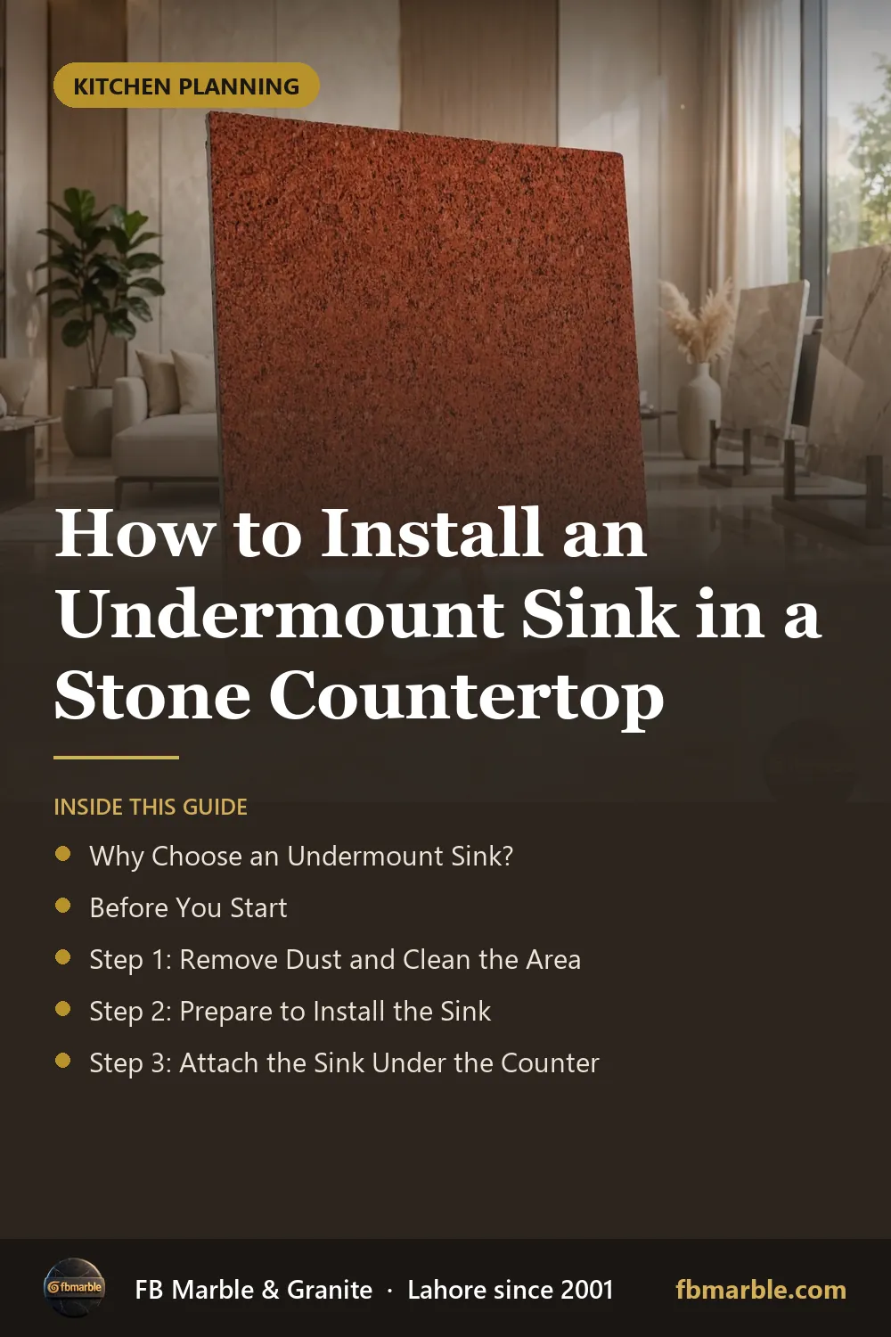 Pinterest graphic: How to Install an Undermount Sink in a Stone Countertop – FB Marble guide
