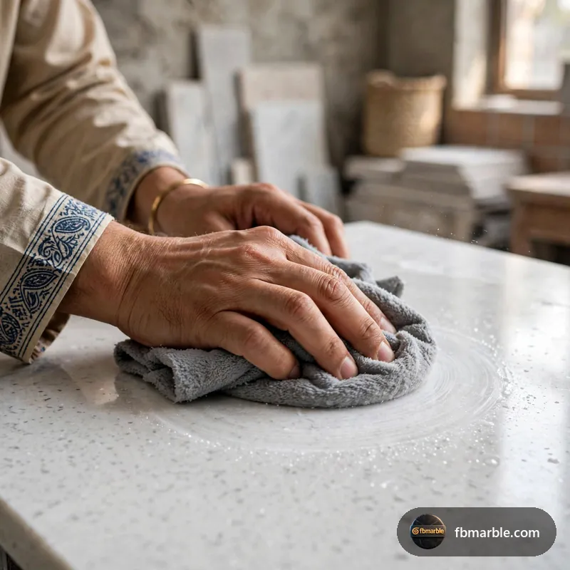 Step 1: Microfibre cloth buffing quartz – keep quartz countertops shiny