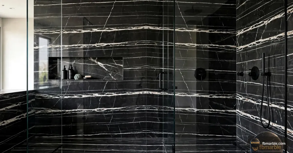 Dragon Black Quartz slab from FB Marble Lahore, suited to glossy black quartz reflecting kitchen lights