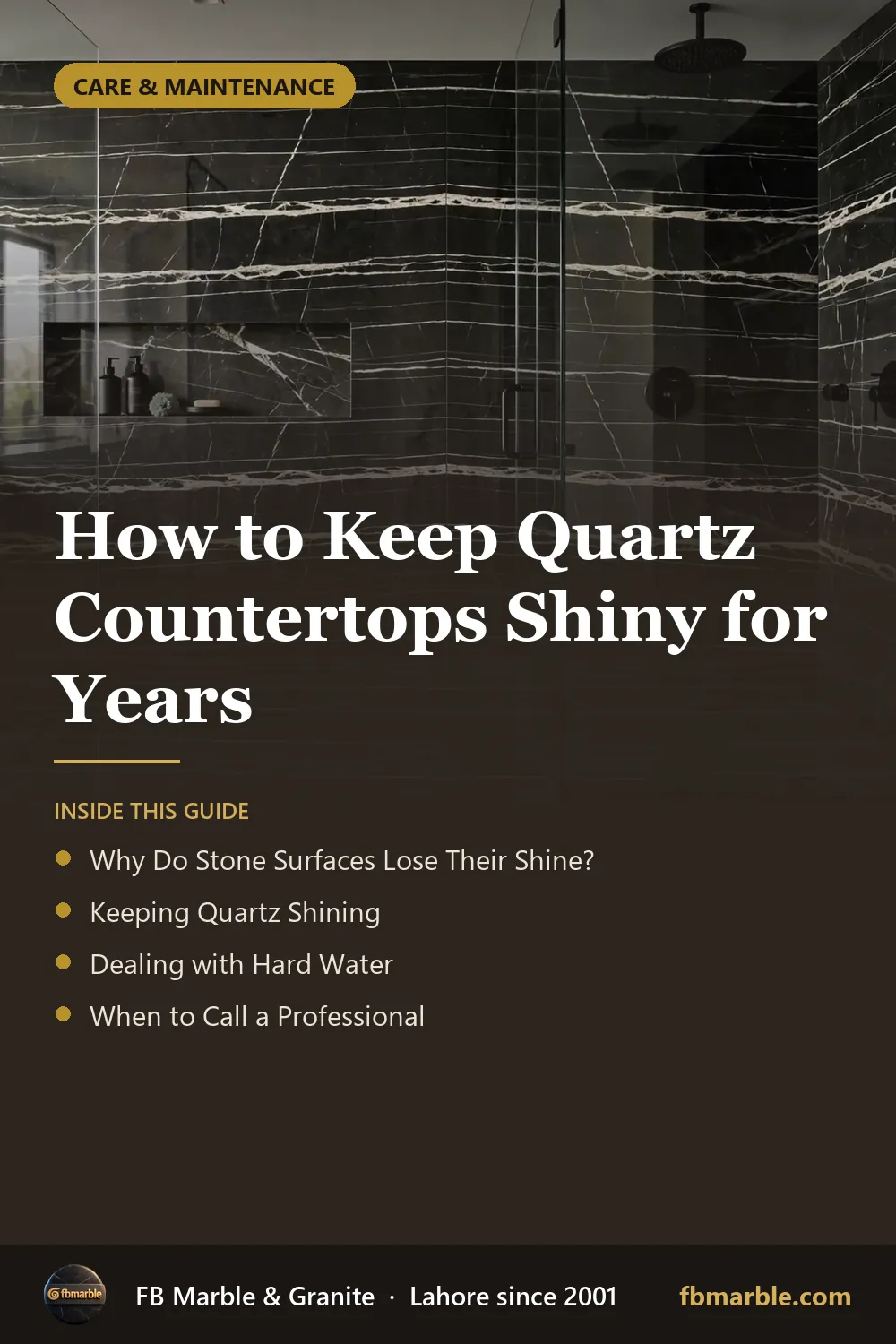 Pinterest graphic: How to Keep Quartz Countertops Shiny for Years – FB Marble guide