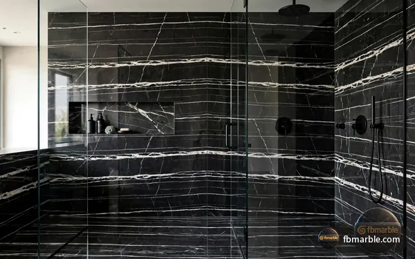 Dragon Black Quartz slab from FB Marble Lahore, suited to glossy black quartz reflecting kitchen lights