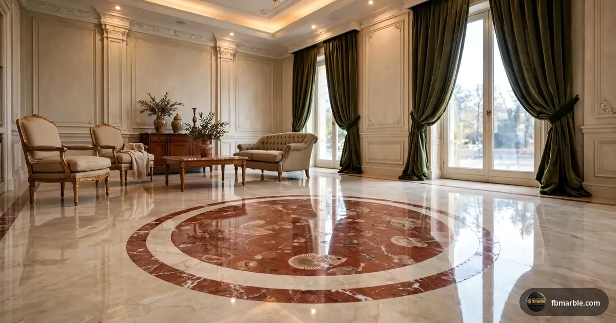 Drawing room with Botticino marble floor and Rosso Verona medallion