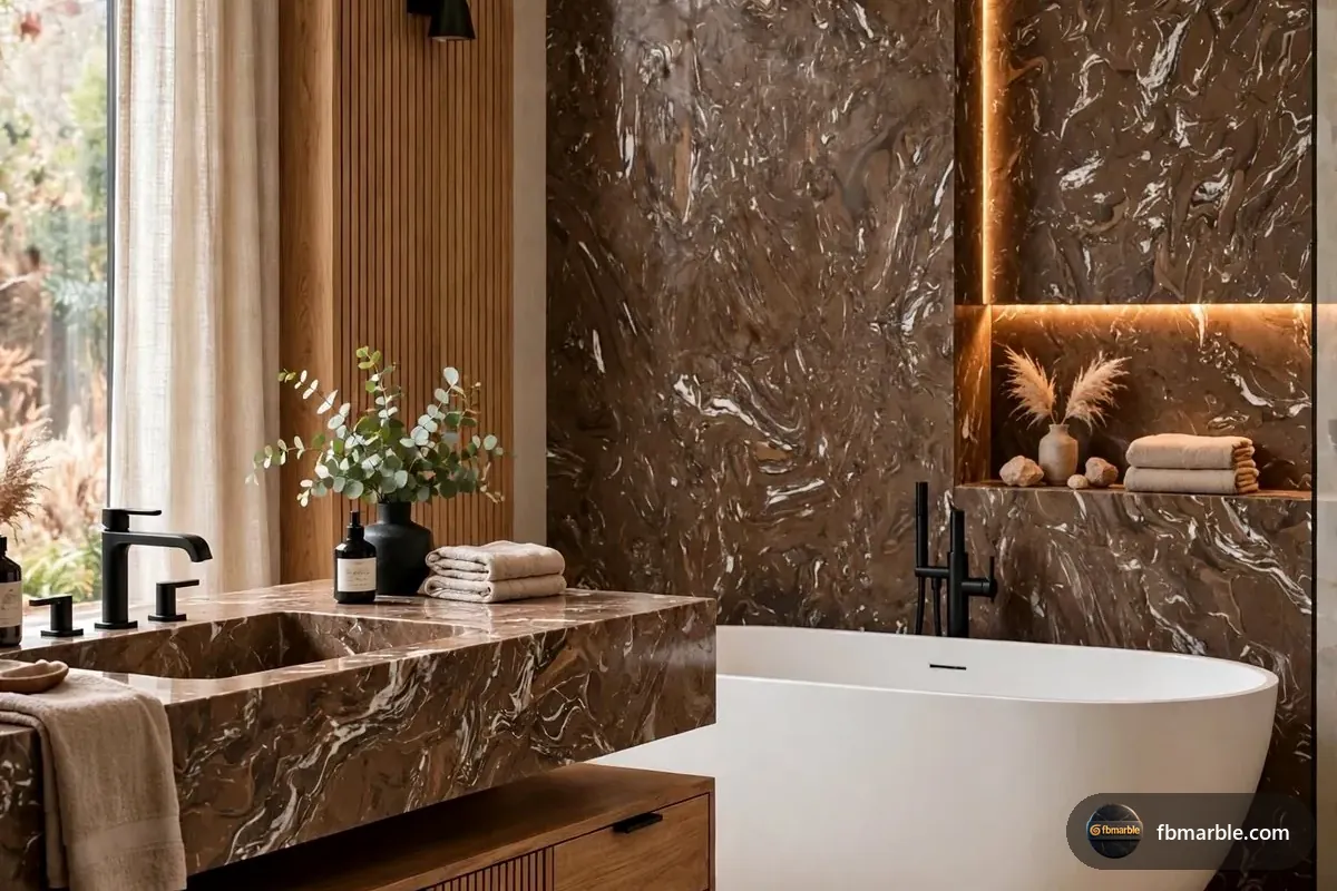 Caramel Brown Quartz slab from FB Marble Lahore, suited to glass tile backsplash