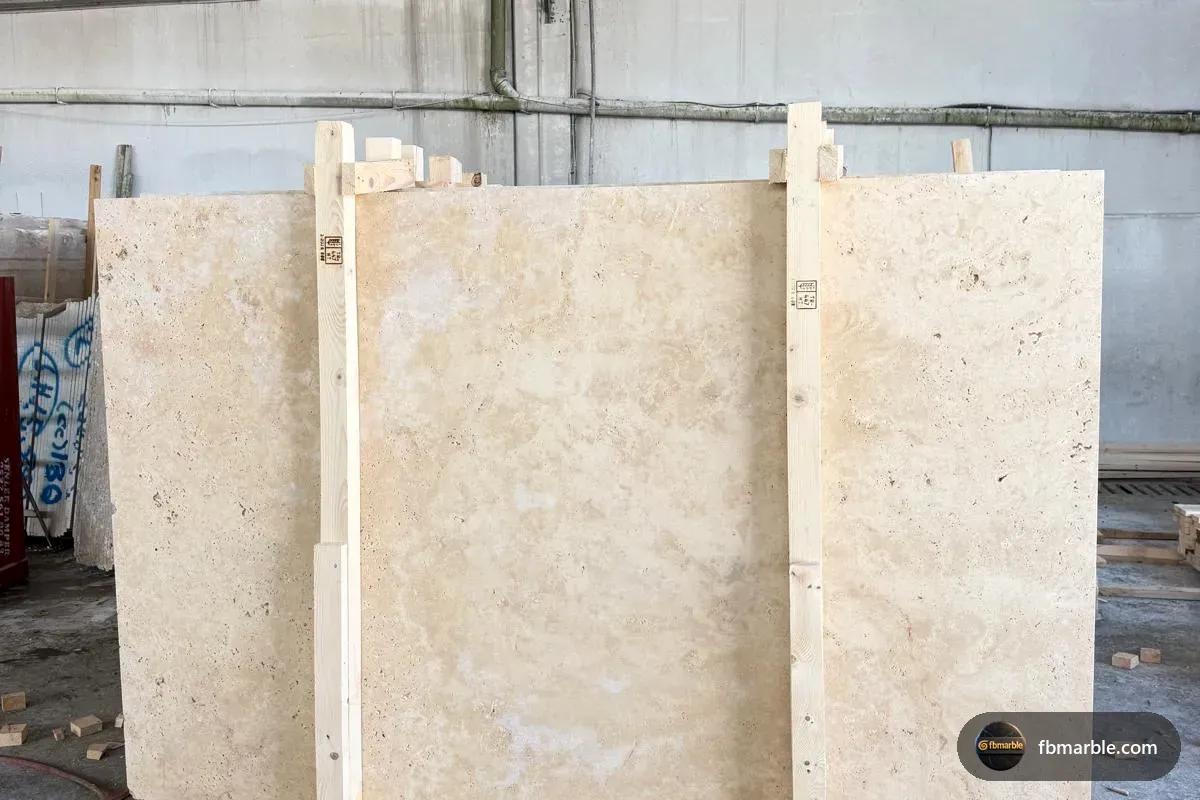 Cross Cut Travertine slab from FB Marble Lahore, suited to travertine backsplash