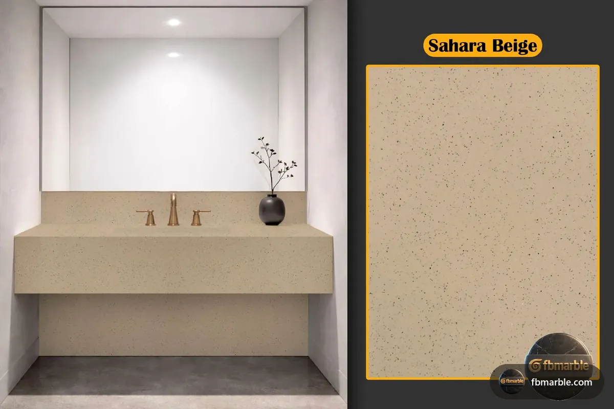 Sahara Beige Quartz slab from FB Marble Lahore, suited to retro kitchen with terrazzo