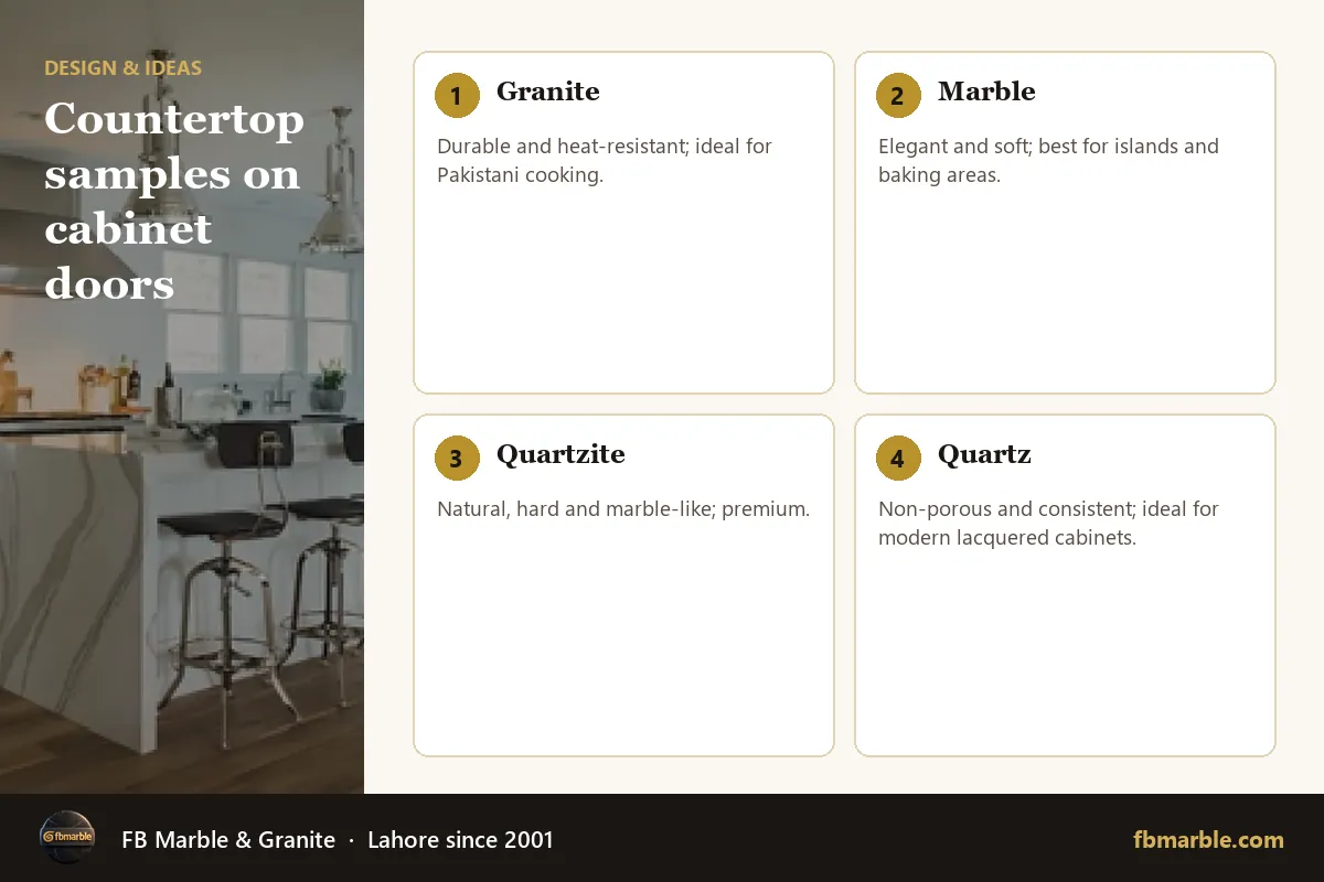 Countertop samples on cabinet doors – kitchen cabinets and countertops infographic by FB Marble