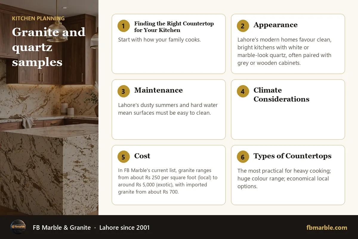 Granite and quartz samples – kitchen countertops Lahore infographic by FB Marble