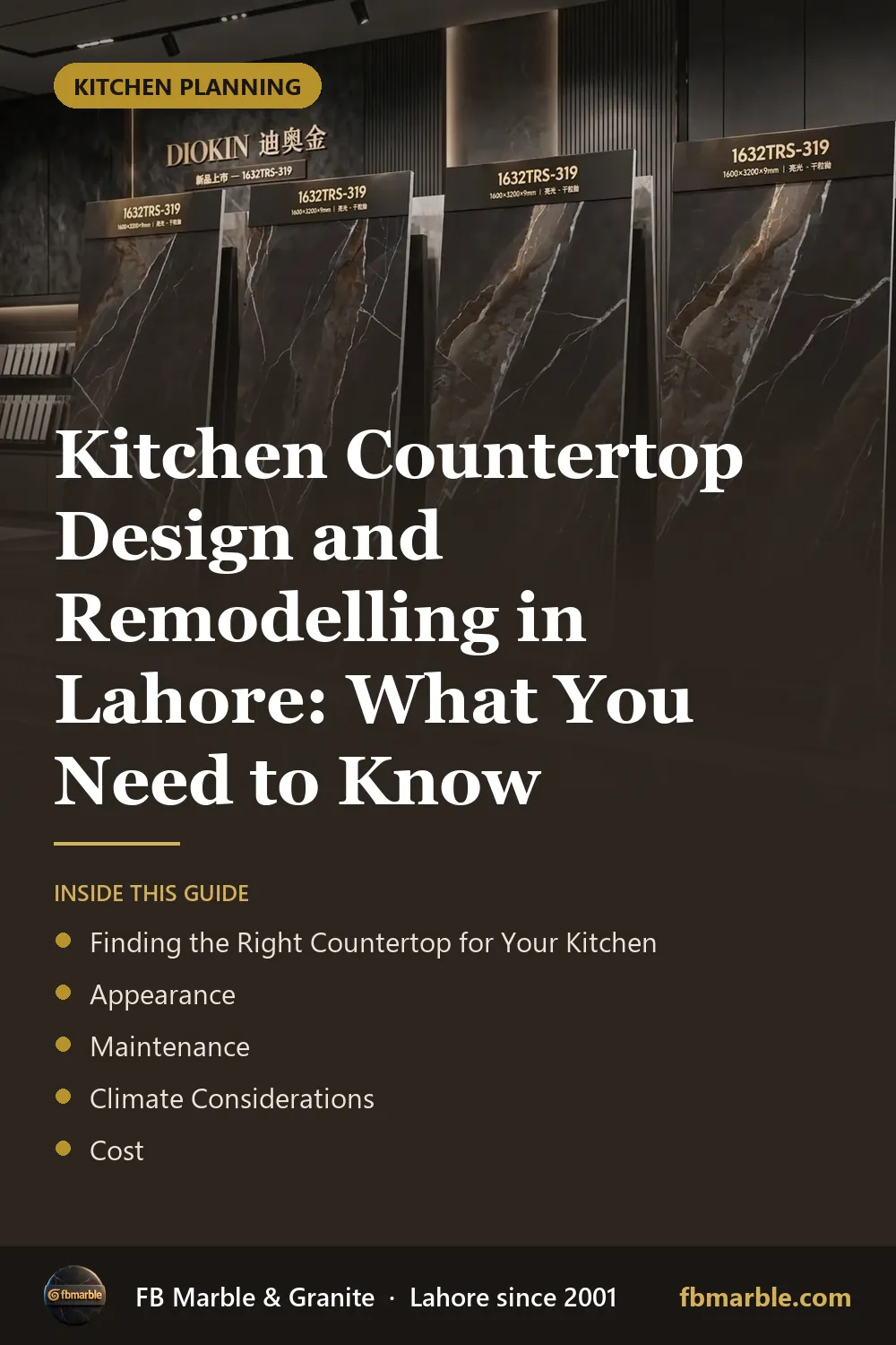 Pinterest graphic: Kitchen Countertop Design and Remodelling in Lahore: What You Need to Know – FB Marble guide