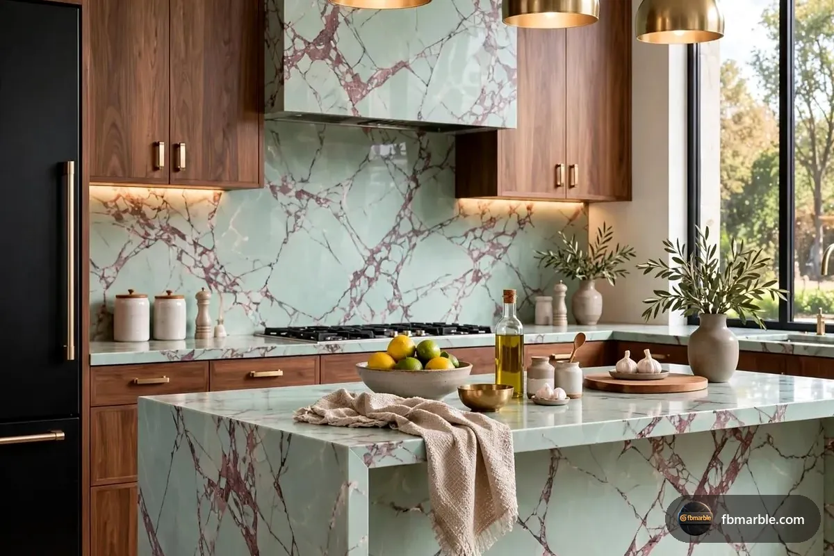 Celadon Green Quartz slab from FB Marble Lahore, suited to quartz kitchen