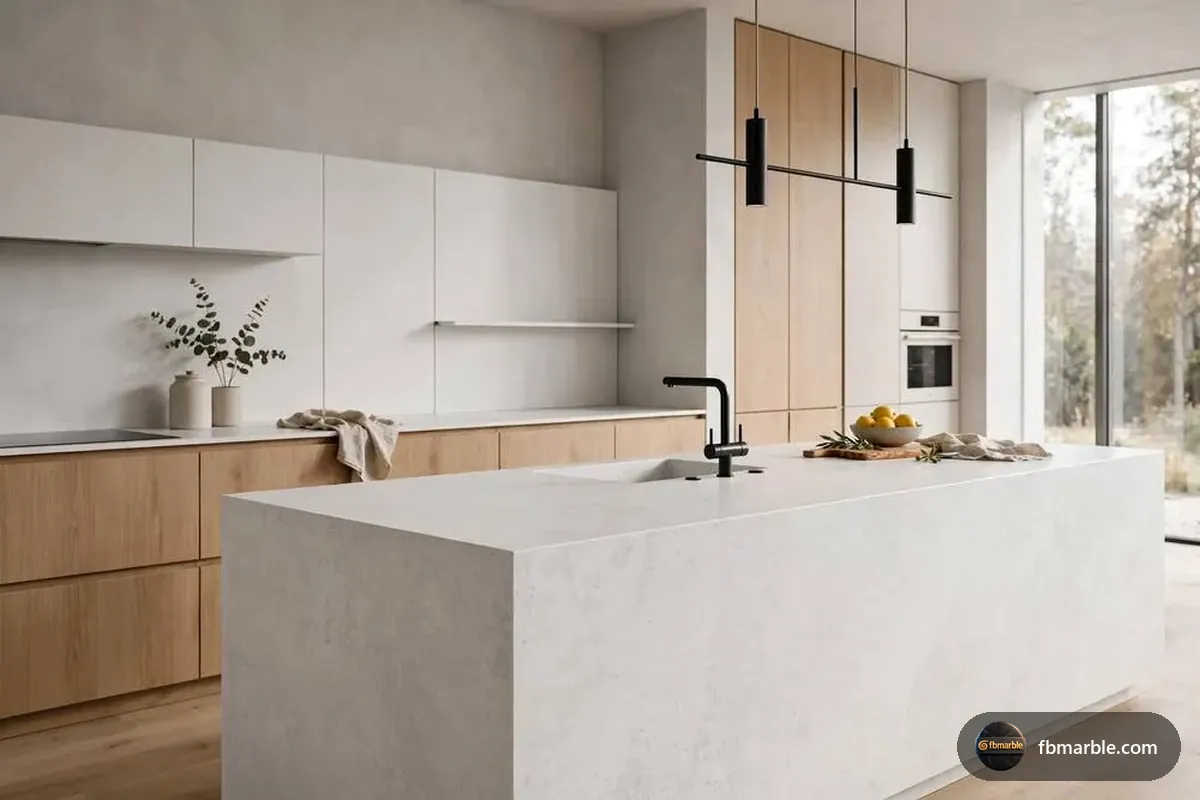 Minimalist porcelain slab kitchen countertop, Pakistan