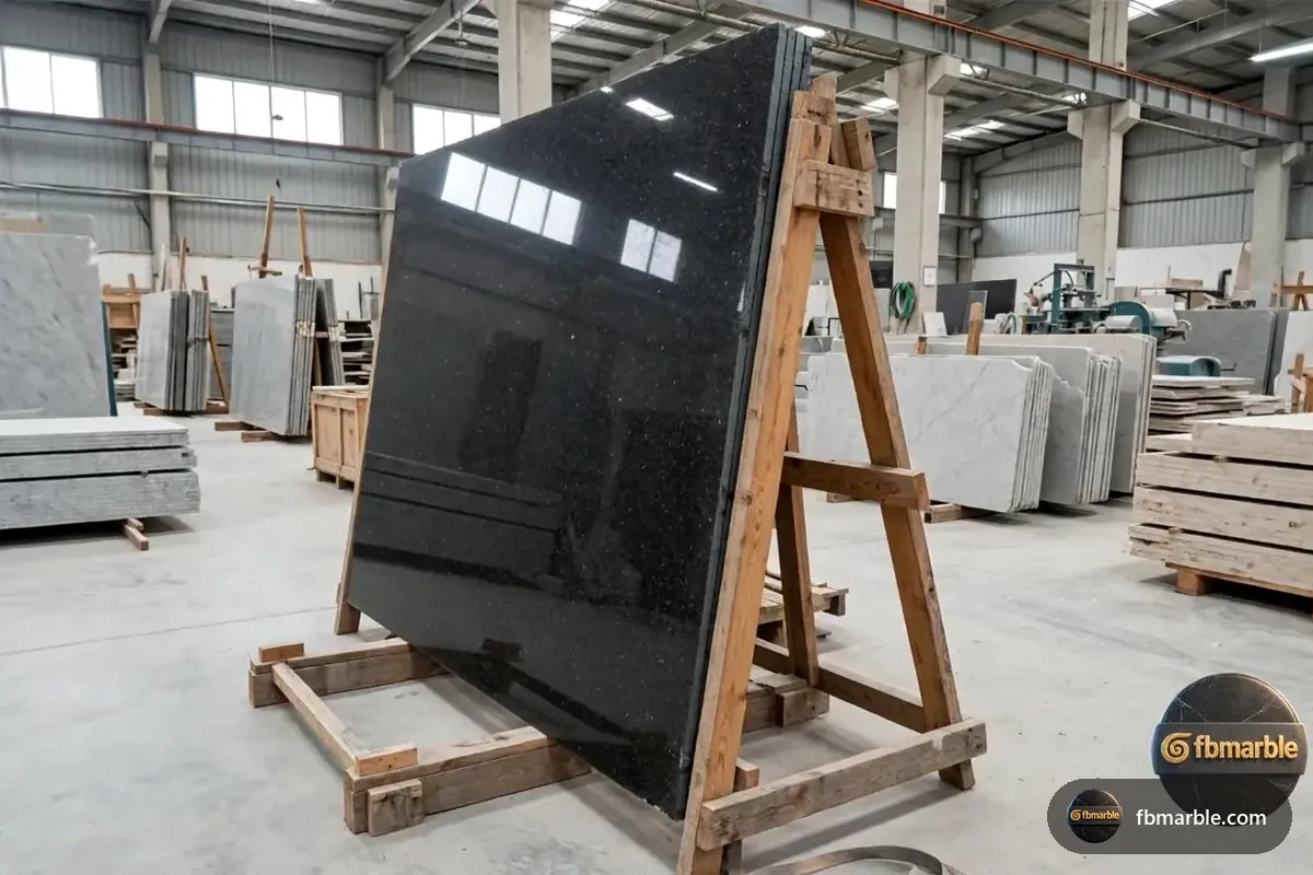 Impala Black Granite slab from FB Marble Lahore, suited to matte black counter