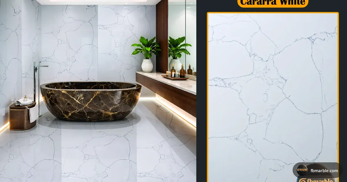 Cararra White Quartz slab from FB Marble Lahore, suited to trendy kitchen with bold-veined quartz island