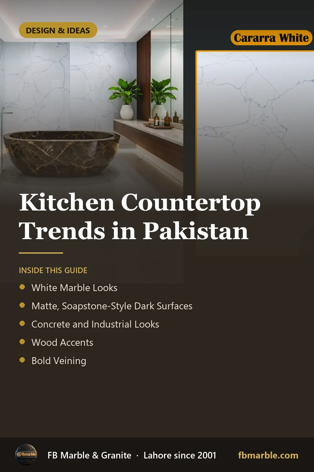Pinterest graphic: Kitchen Countertop Trends in Pakistan – FB Marble guide