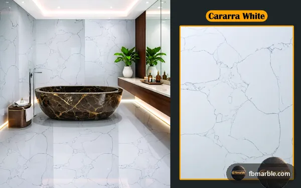 Cararra White Quartz slab from FB Marble Lahore, suited to trendy kitchen with bold-veined quartz island