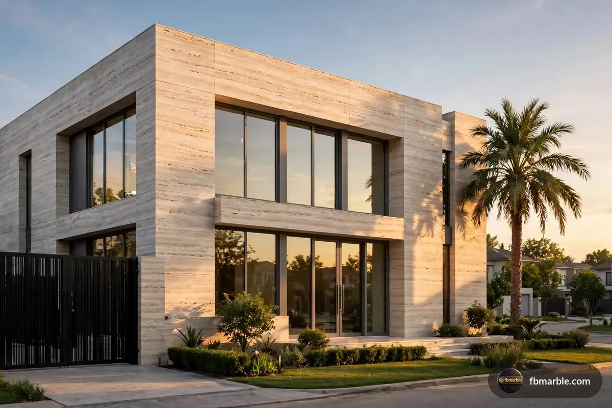 House elevation clad in Classic travertine