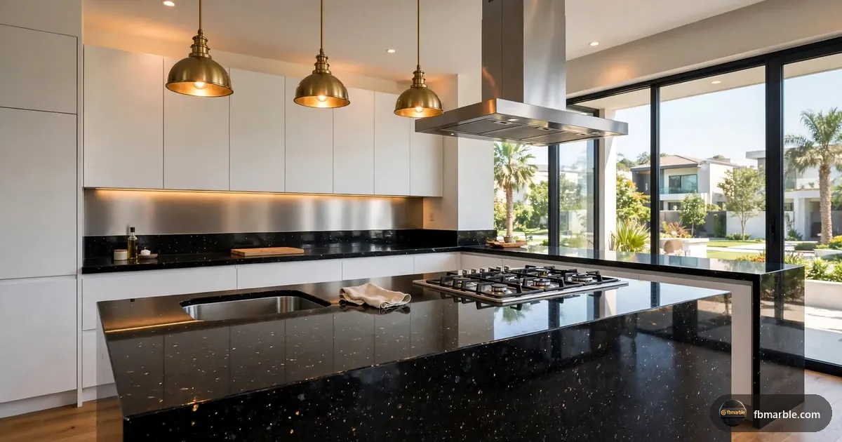 Modern kitchen with a Galaxy Black granite island and white cabinets
