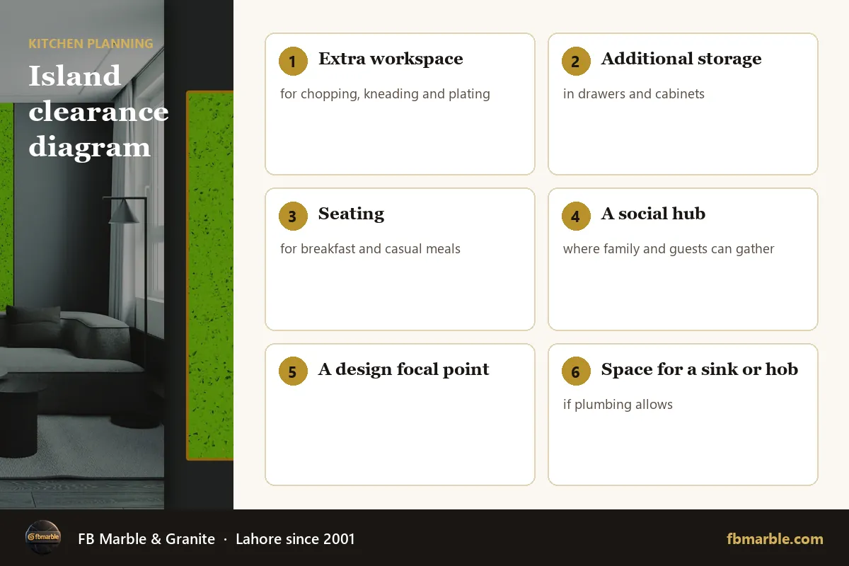 Island clearance diagram – kitchen island designs infographic by FB Marble