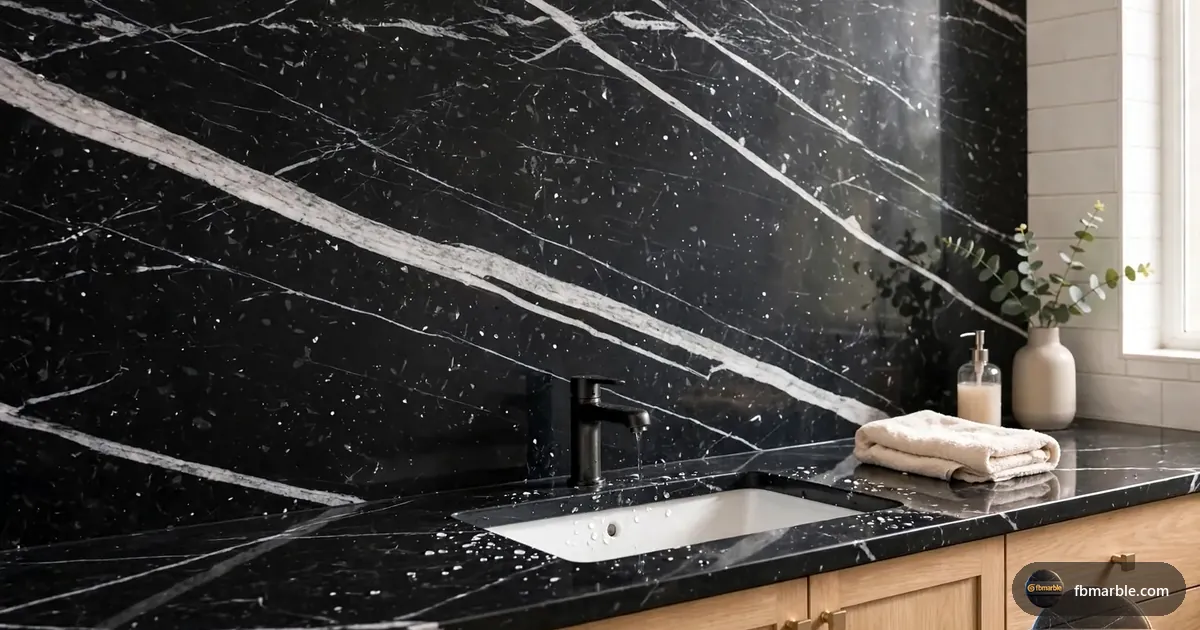 Marquina Black Granite slab from FB Marble Lahore, suited to laminate counter vs granite counter