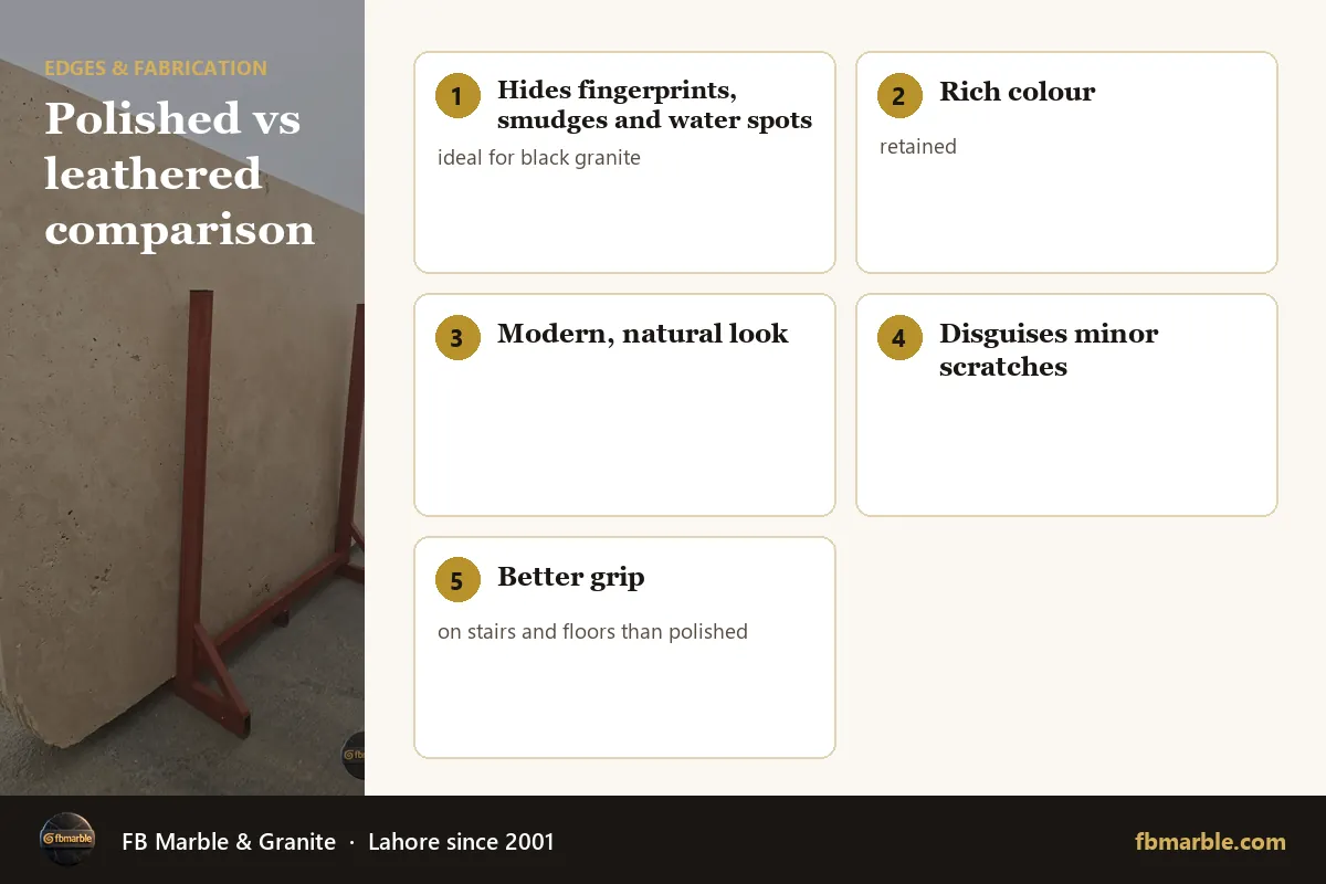 Polished vs leathered comparison – leathered granite infographic by FB Marble