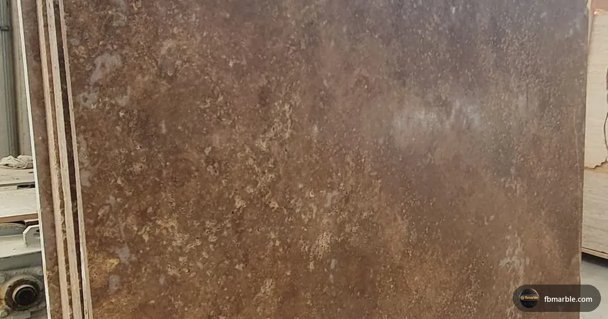 Dark Travertine slab from FB Marble Lahore, suited to light vs dark countertop comparison