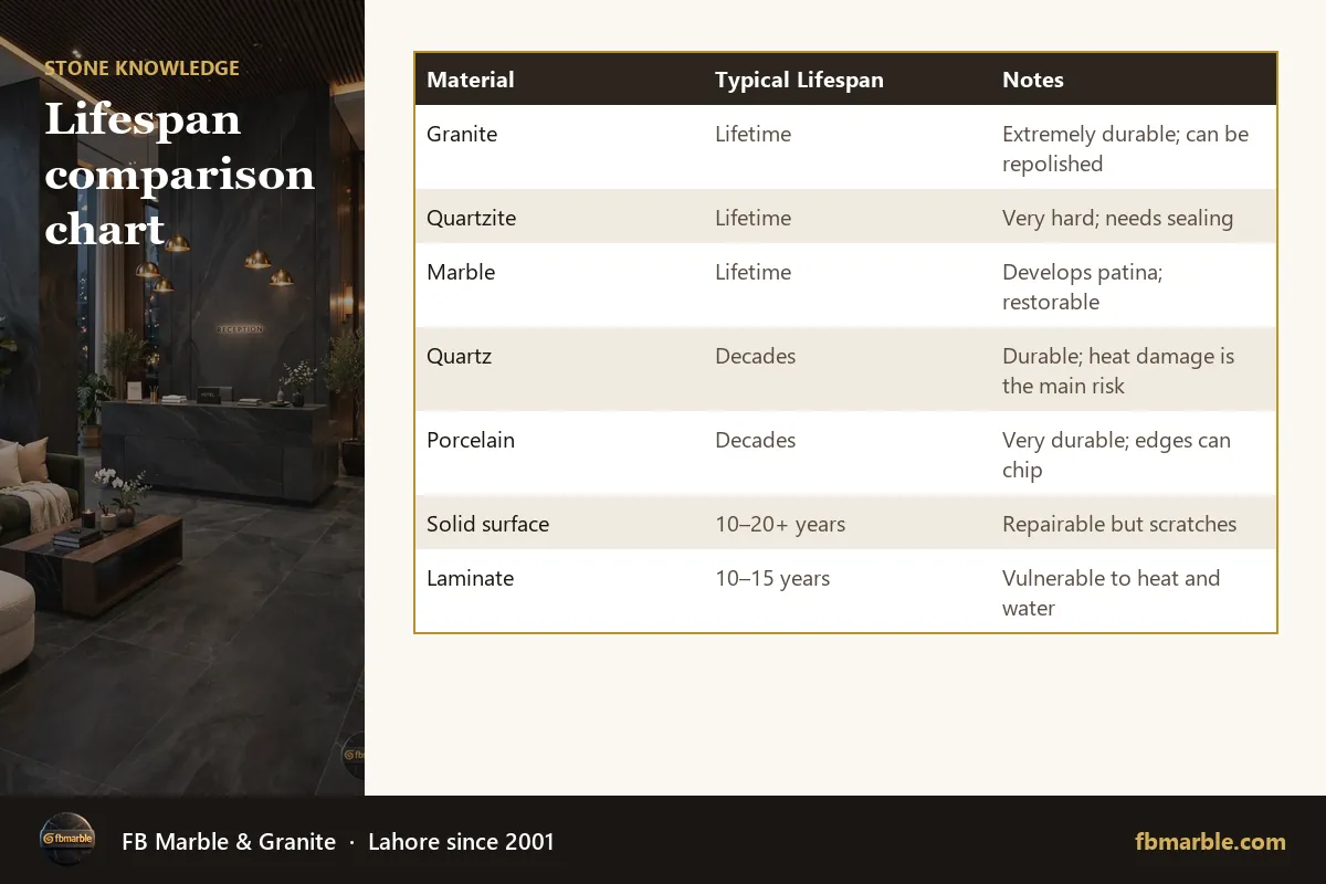 Lifespan comparison chart – how long do stone countertops last infographic by FB Marble