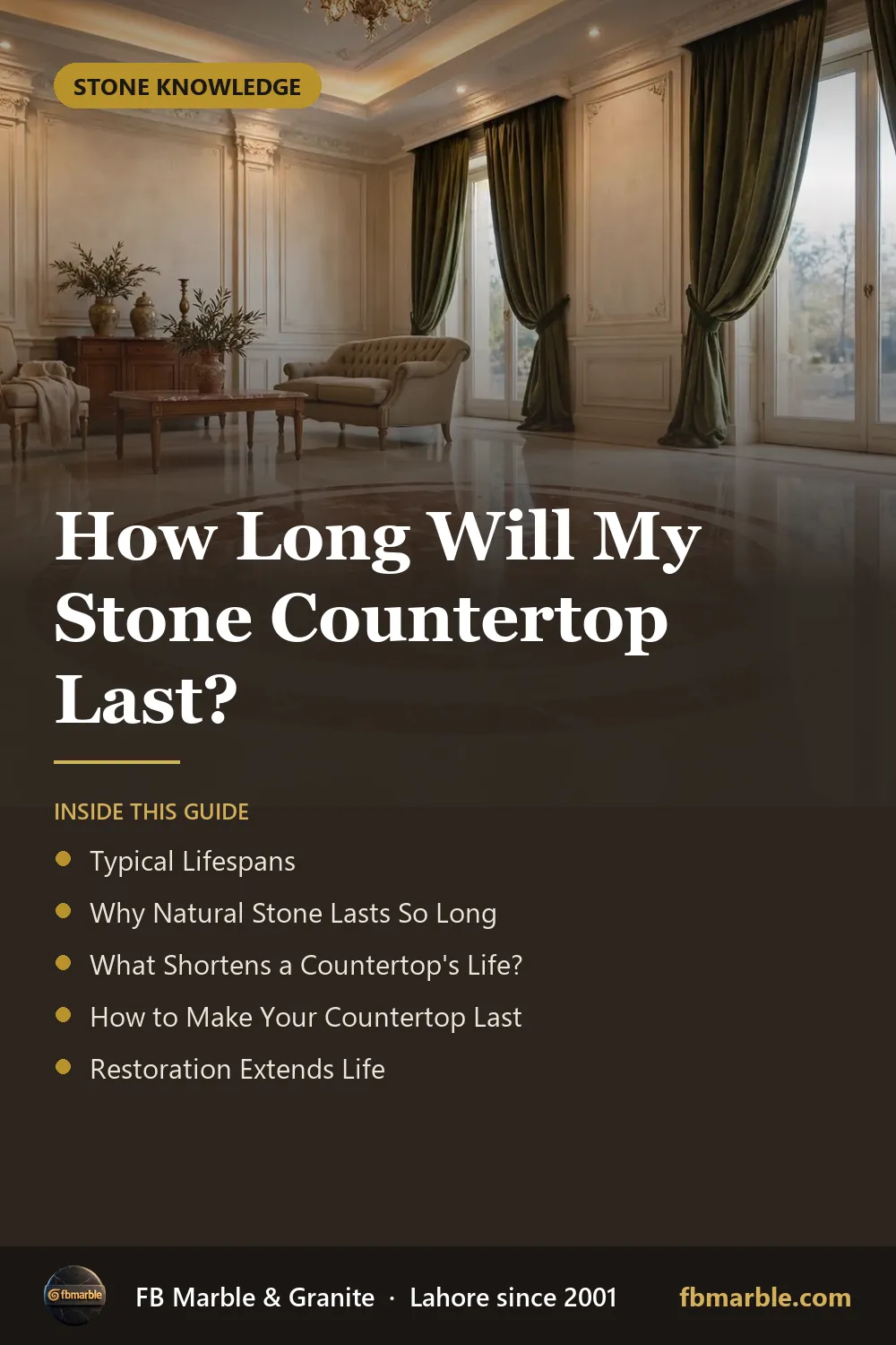 Pinterest graphic: How Long Will My Stone Countertop Last? – FB Marble guide