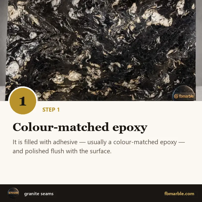 Step 1: Colour-matched epoxy – granite seams