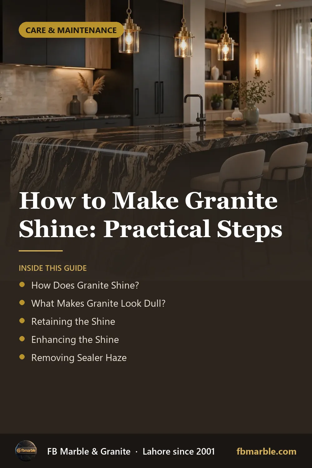 Pinterest graphic: How to Make Granite Shine: Practical Steps – FB Marble guide