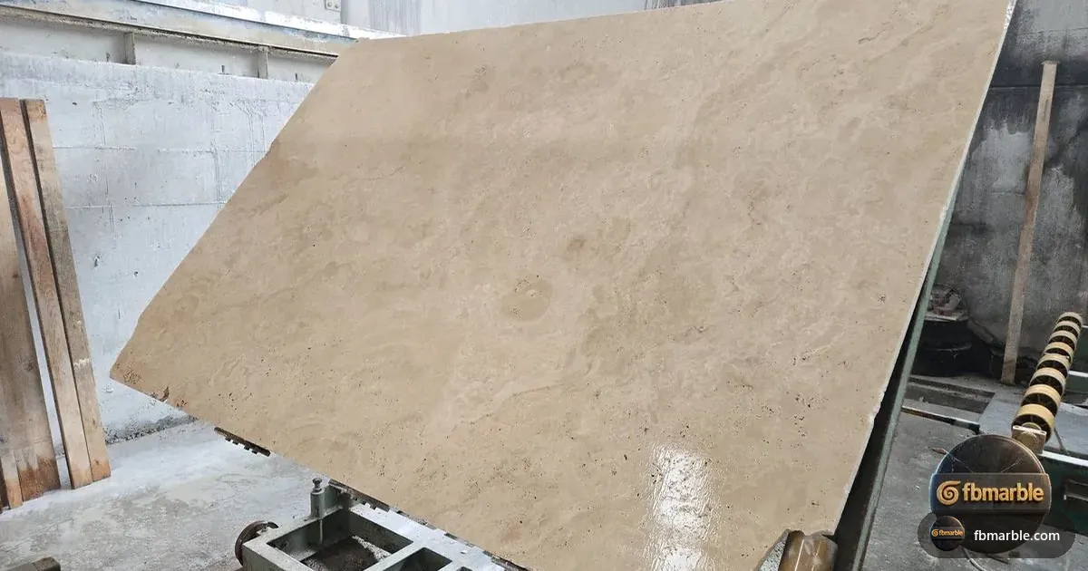 Polished Travertine slab from FB Marble Lahore, suited to glossy polished marble table