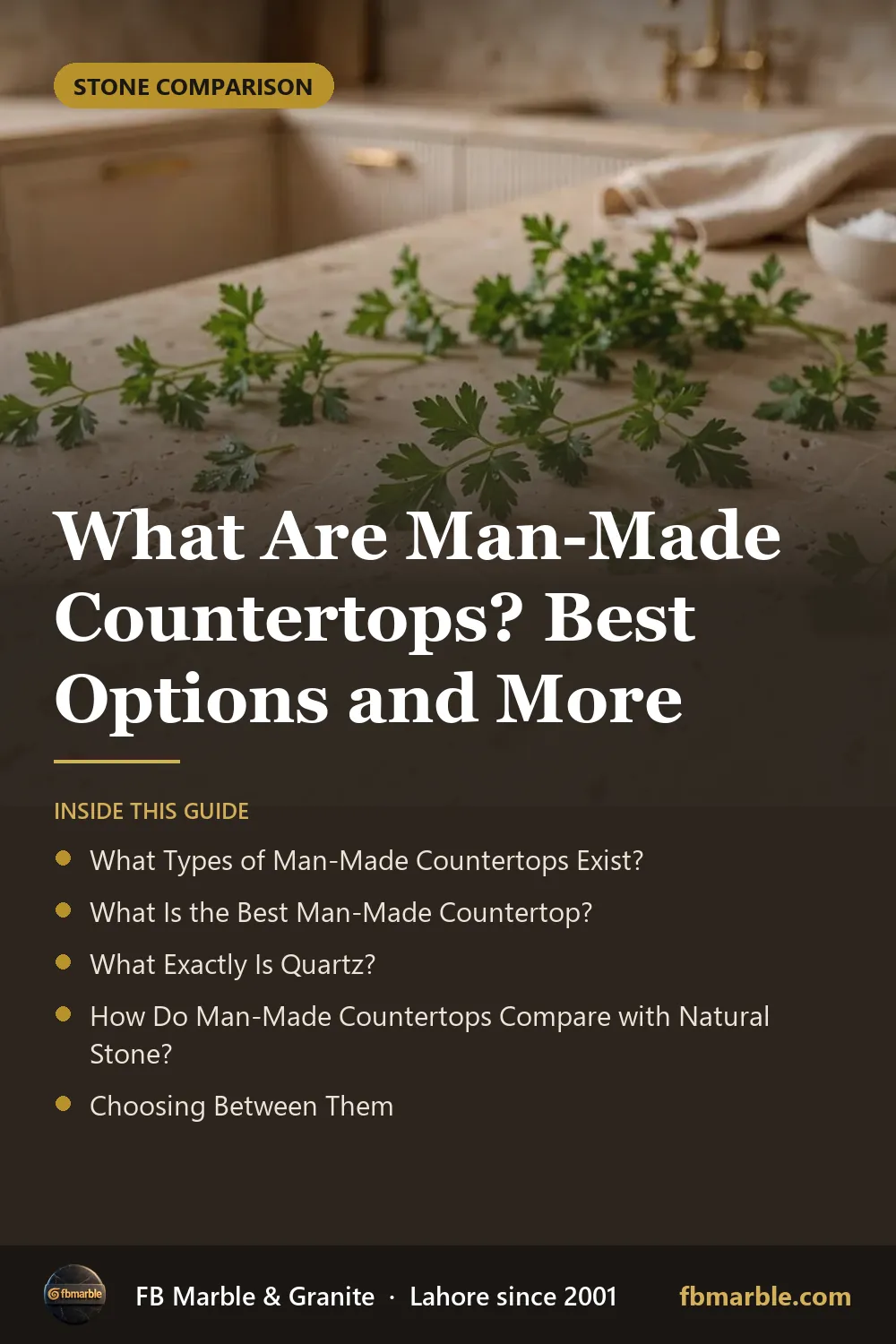 Pinterest graphic: What Are Man-Made Countertops? Best Options and More – FB Marble guide