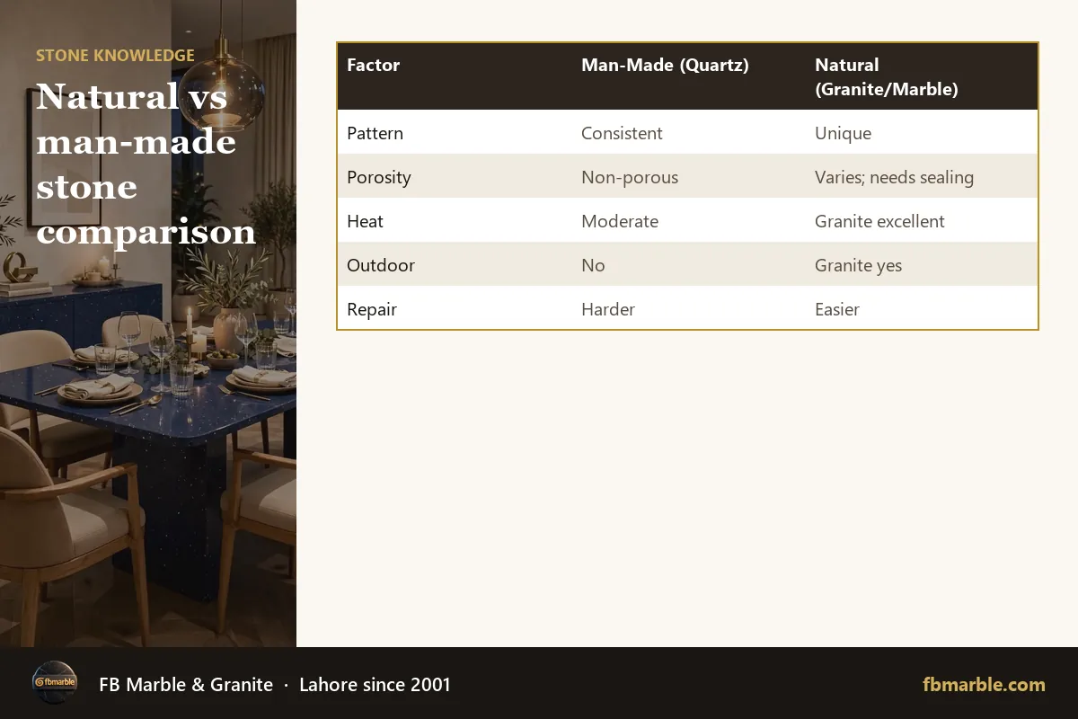 Natural vs man-made stone comparison – man-made stone infographic by FB Marble
