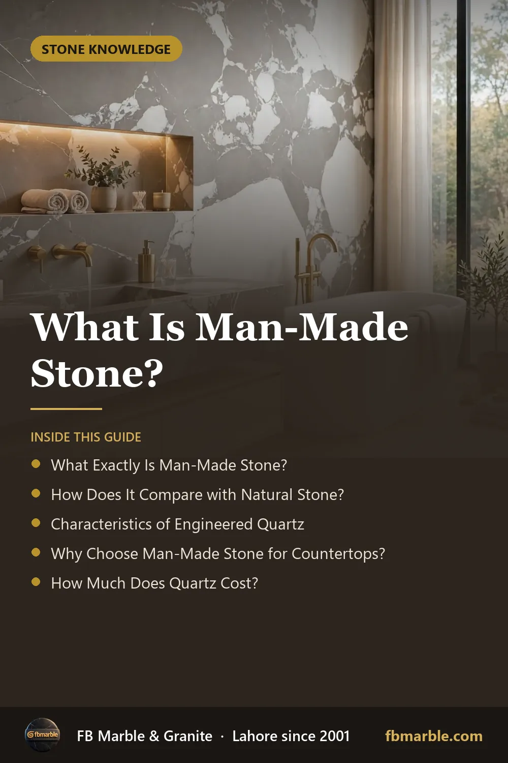 Pinterest graphic: What Is Man-Made Stone? – FB Marble guide