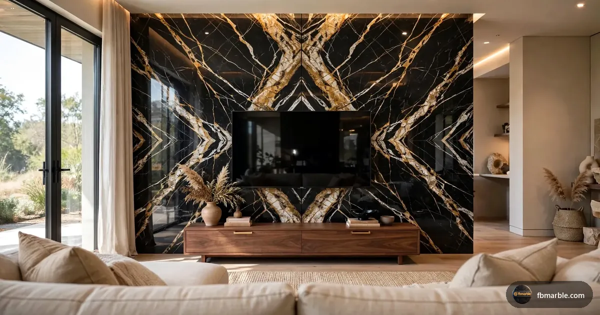 Bookmatched Black and Gold marble TV wall with a polished finish