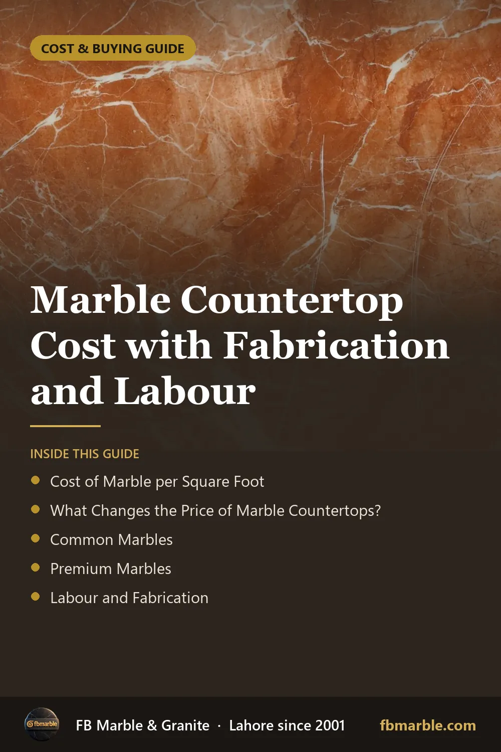 Pinterest graphic: Marble Countertop Cost with Fabrication and Labour – FB Marble guide